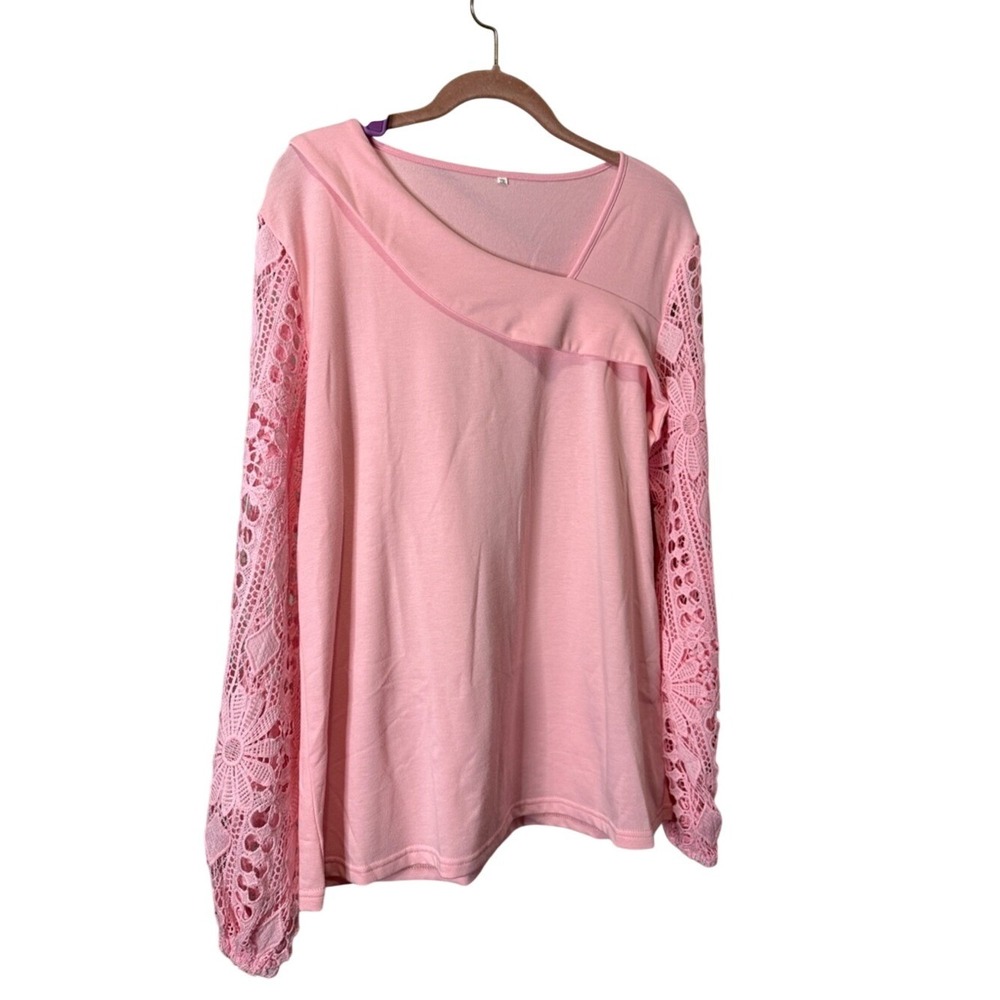 Aumora Pink Asymmetrical Neck Top Floral Crochet Lace Long Sleeve Plus Size 2XL